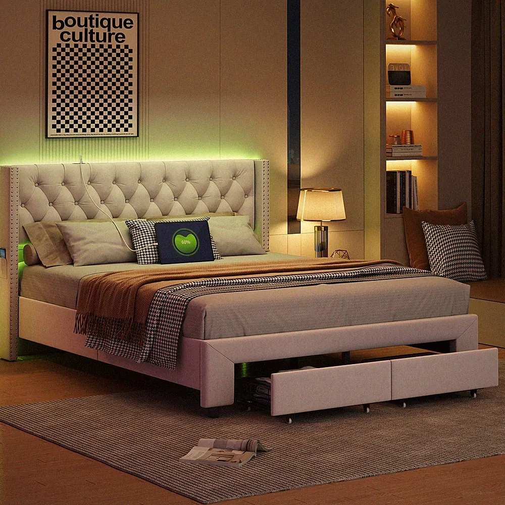 Polsterbett 140x190 mit 2 Schubladen, Schubladenbett mit LED und-USB-Anschluss