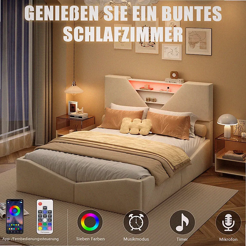 Polsterbett 140x190cm Doppelbett Stauraumbett Bettrahmen mit Lattenrost und LED