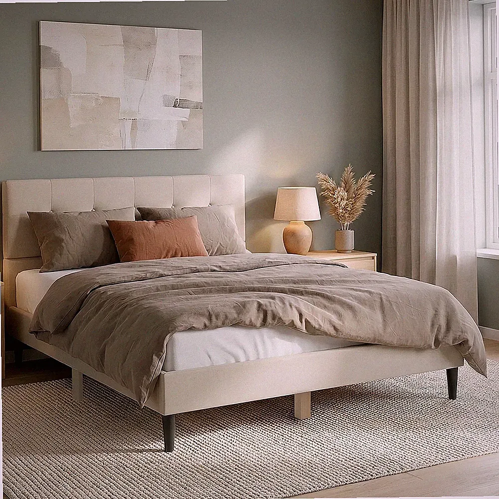 Polsterbett 140x200 Beige mit Lattenrost Stoffbett Doppelbett Modern Homestyle4u