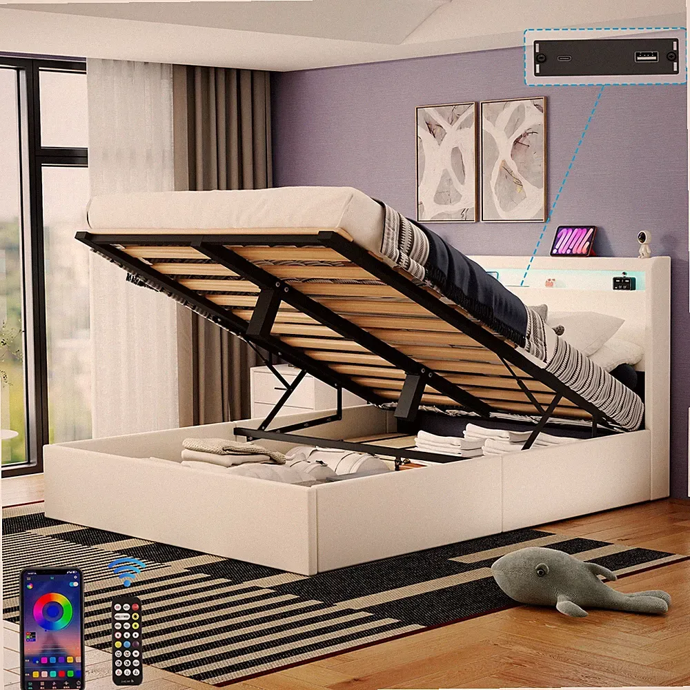 Polsterbett 140x200 Bettgestell mit Stauraum, USB Ladefunktion LED Boxspringbett
