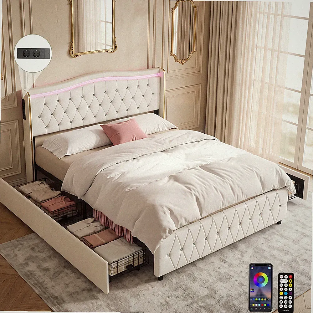 Polsterbett 140x200 Bettrahmen mit 4 Schubladen USB Ladefunktion Beige Kopfteil