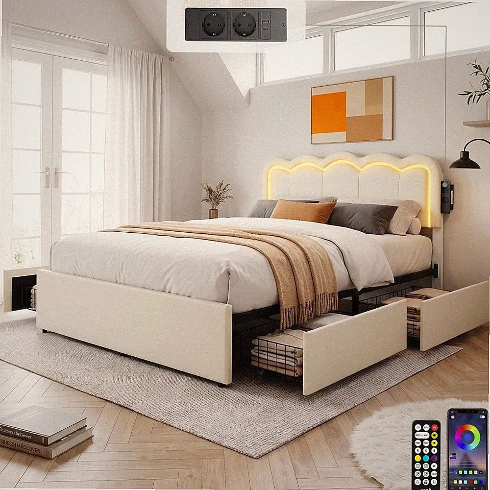 Polsterbett 140x200 Boxspringbett 4 Schubladen Bettrahmen LED / USB Ladefunktion