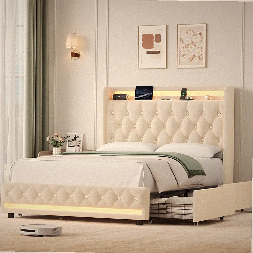 Polsterbett 140x200 cm Bett mit LED, Ladestation und 4 Schubladen(Ohne Matratze)