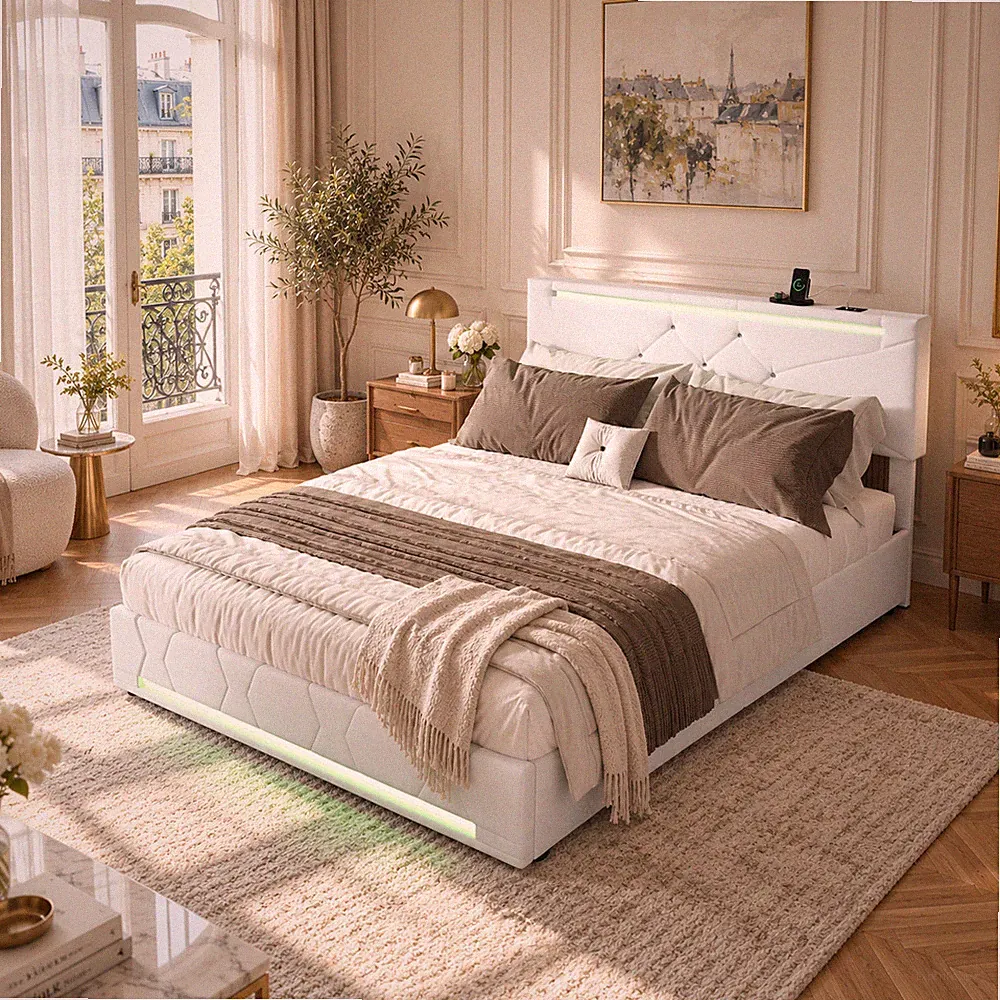 Polsterbett 140x200 cm Boxspringbett Doppelbett Bettgestell mit Lattenrost LED