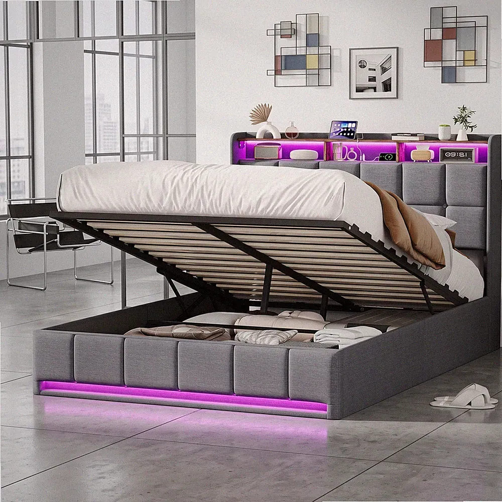 Polsterbett 140x200 cm Boxspringbett mit Lattenrost Stauraum Doppelbett LED&USB