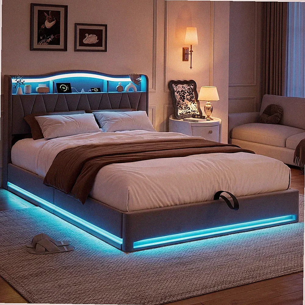 Polsterbett 140x200 cm Boxspringbett Mit LED USB Stauraum Lattenrost Bettkasten