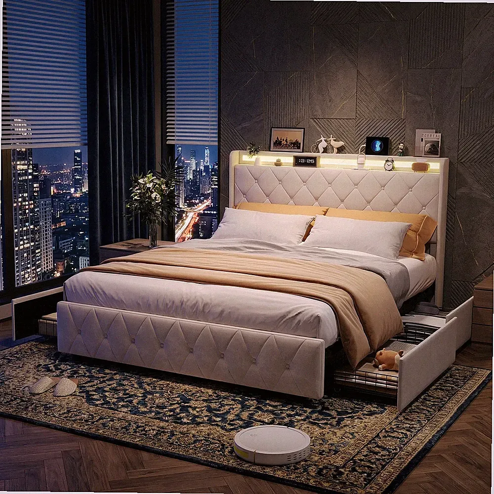 Polsterbett 140x200 cm Doppelbett Bettgestell mit 4 Schubladen LED&USB Stauraum