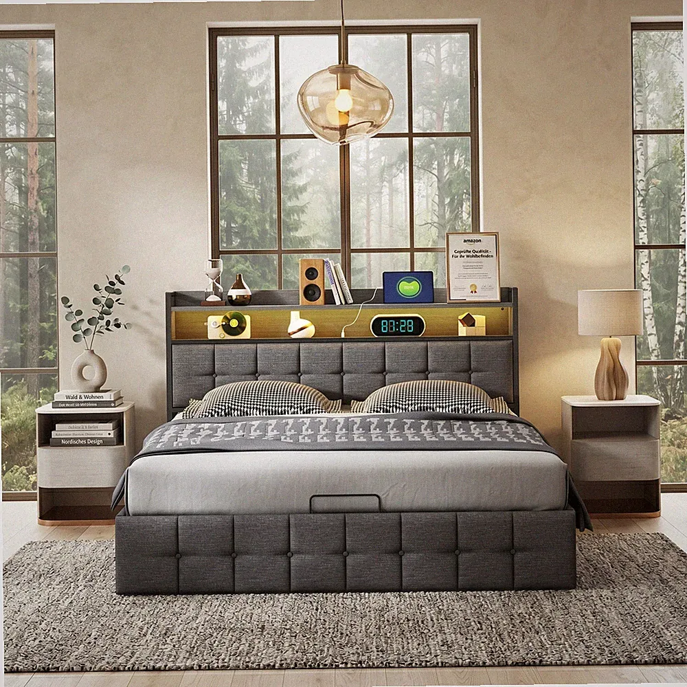 Polsterbett 140x200 cm Doppelbett Bettgestell mit Bettkasten LED Boxspringbett