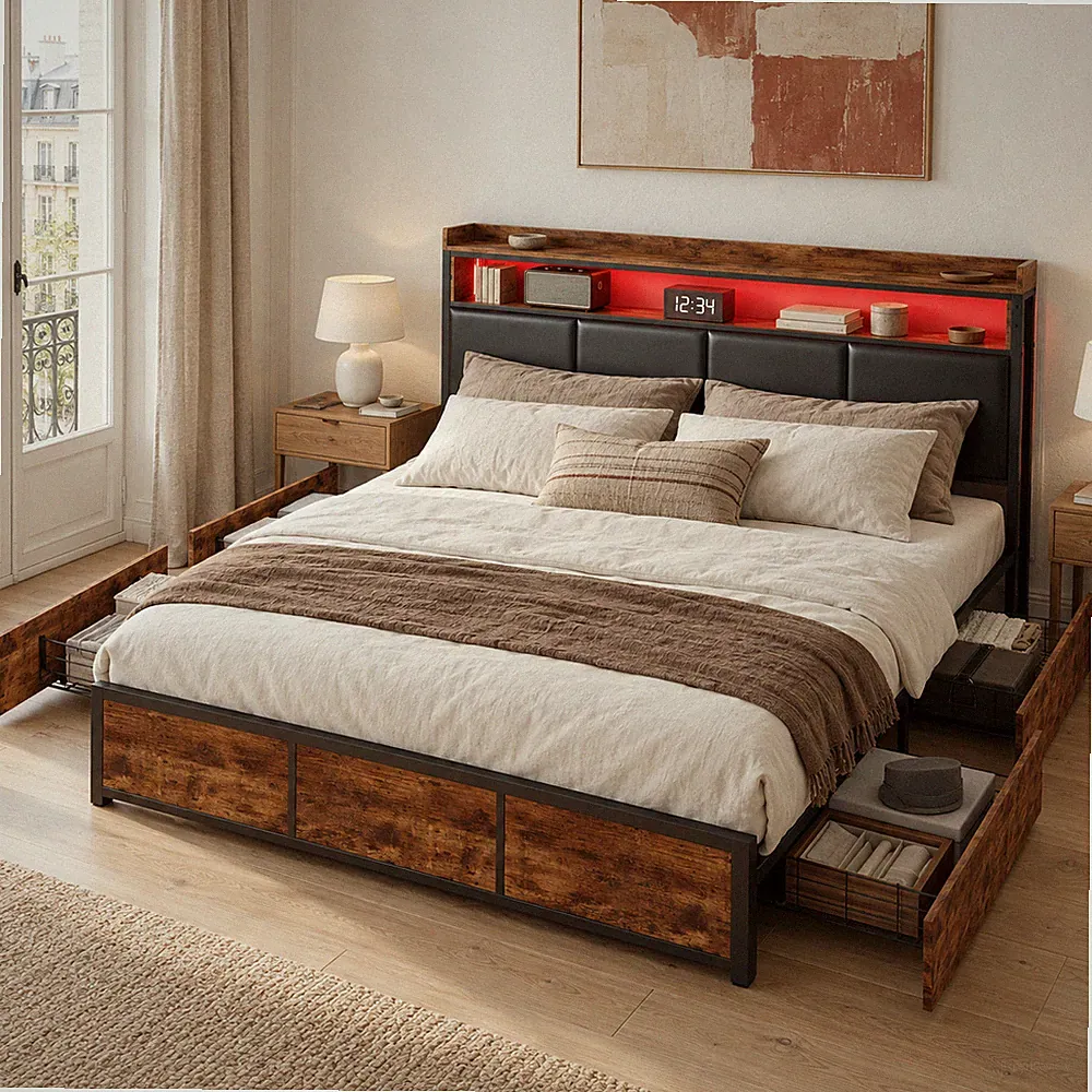 Polsterbett 140x200 cm Doppelbett Bettgestell mit Stauraum Schubladen Metallbett