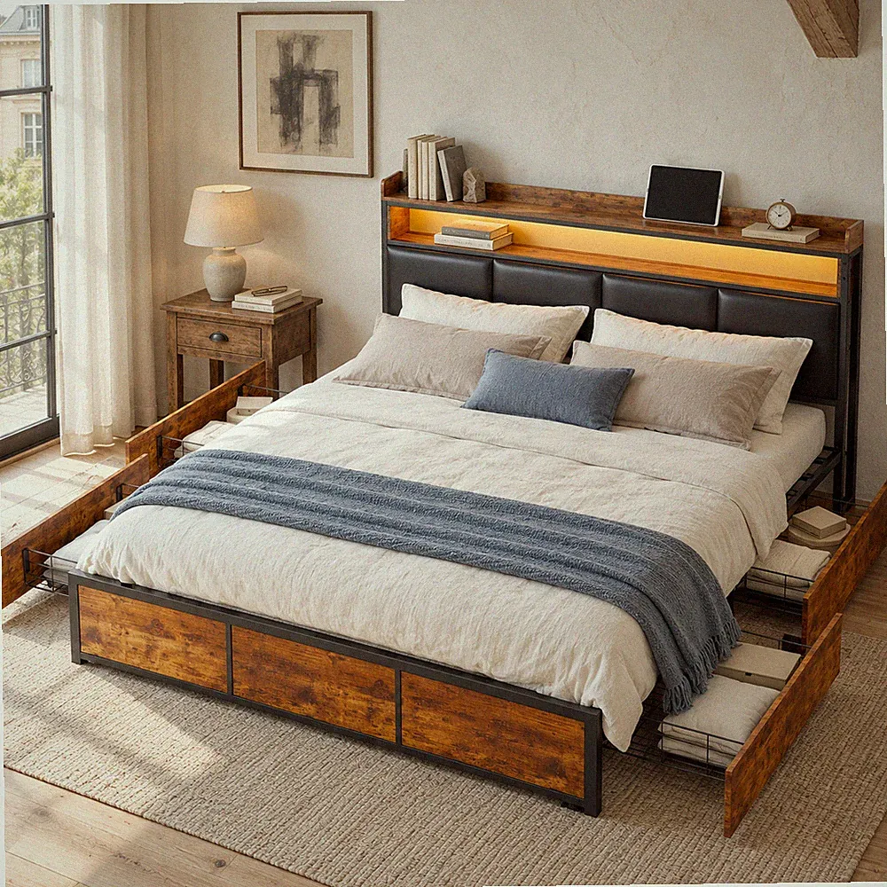 Polsterbett 140x200 cm Doppelbett Metallbett Bettgestell mit Stauraum Schubladen