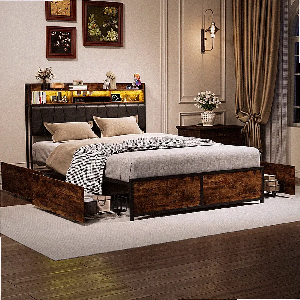 Polsterbett 140x200 cm Doppelbett Metallbett mit Bettgestell LED/USB Lattenrost