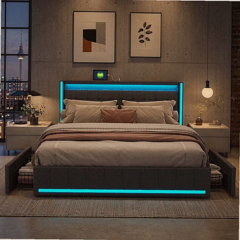 Polsterbett 140x200 cm Doppelbett mit 4 Schubladen mit LED&USB Kopfteil Stauraum
