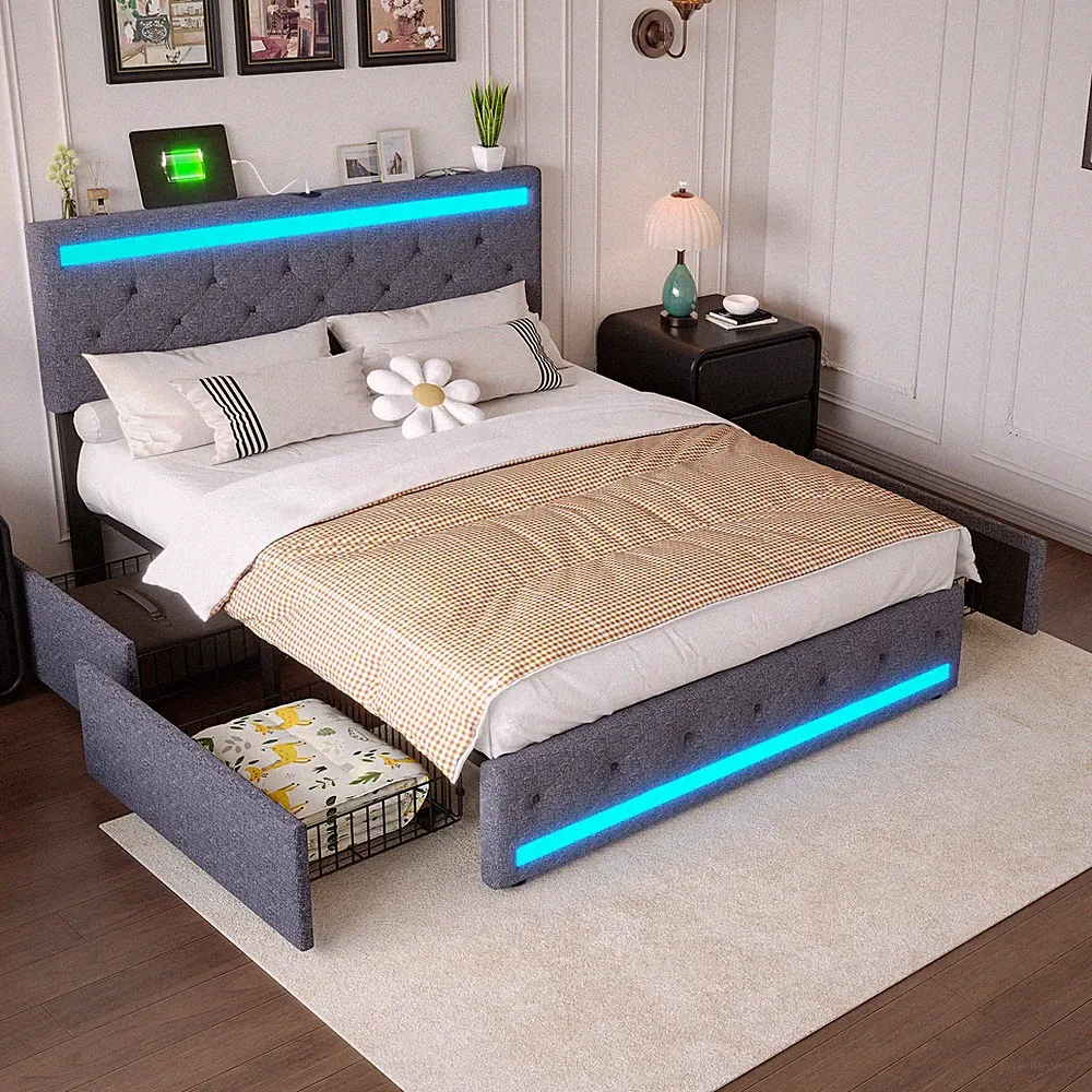 Polsterbett 140x200 cm Doppelbett mit 4 Schubladen mit LED&USB Stauraumbetten