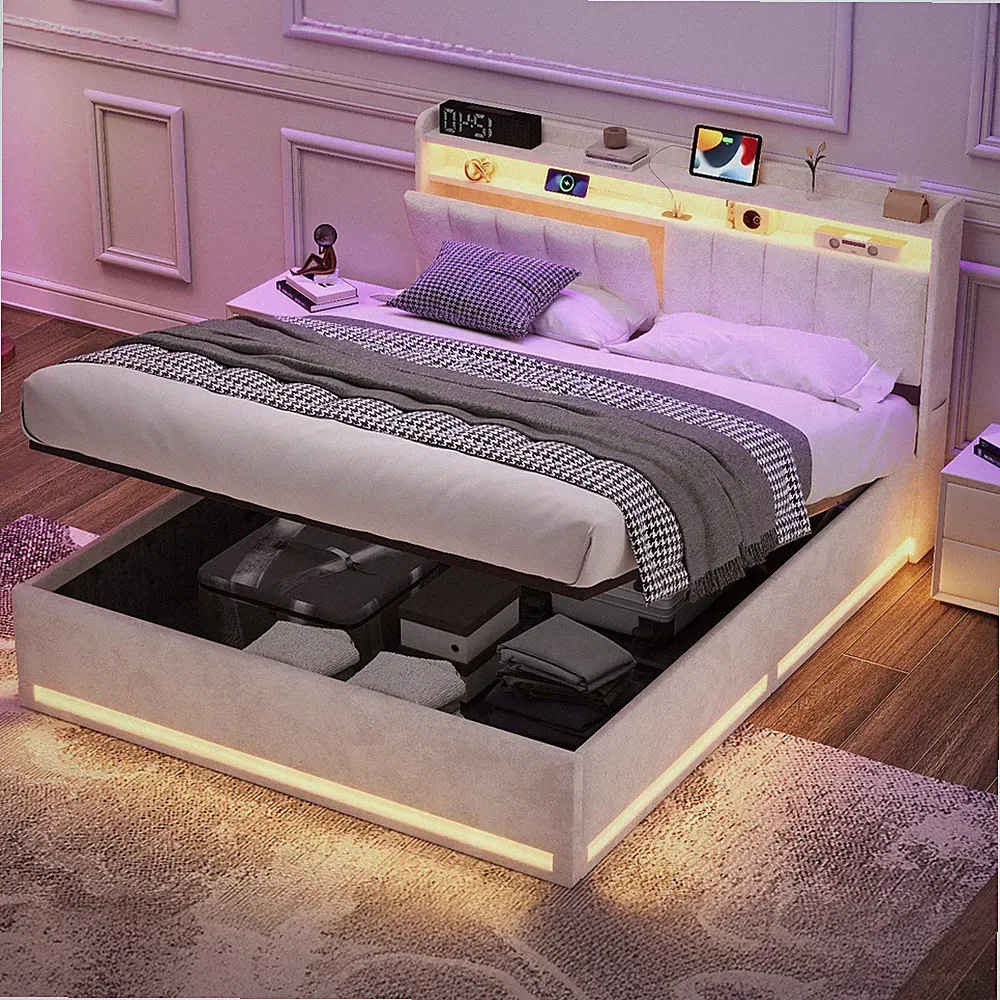Polsterbett 140x200 cm Doppelbett mit Bettkasten LED USB Lattenrost Stauraumbett