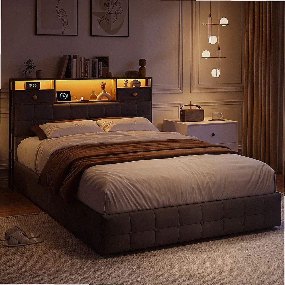 Polsterbett 140x200 cm Doppelbett mit Bettkasten mit LED/USB Kopfteil Bettrahmen