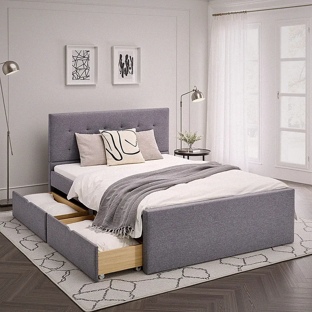 Polsterbett 140x200 cm Doppelbett mit Bettkasten Stauraum Stoff Grau Homestyle4u