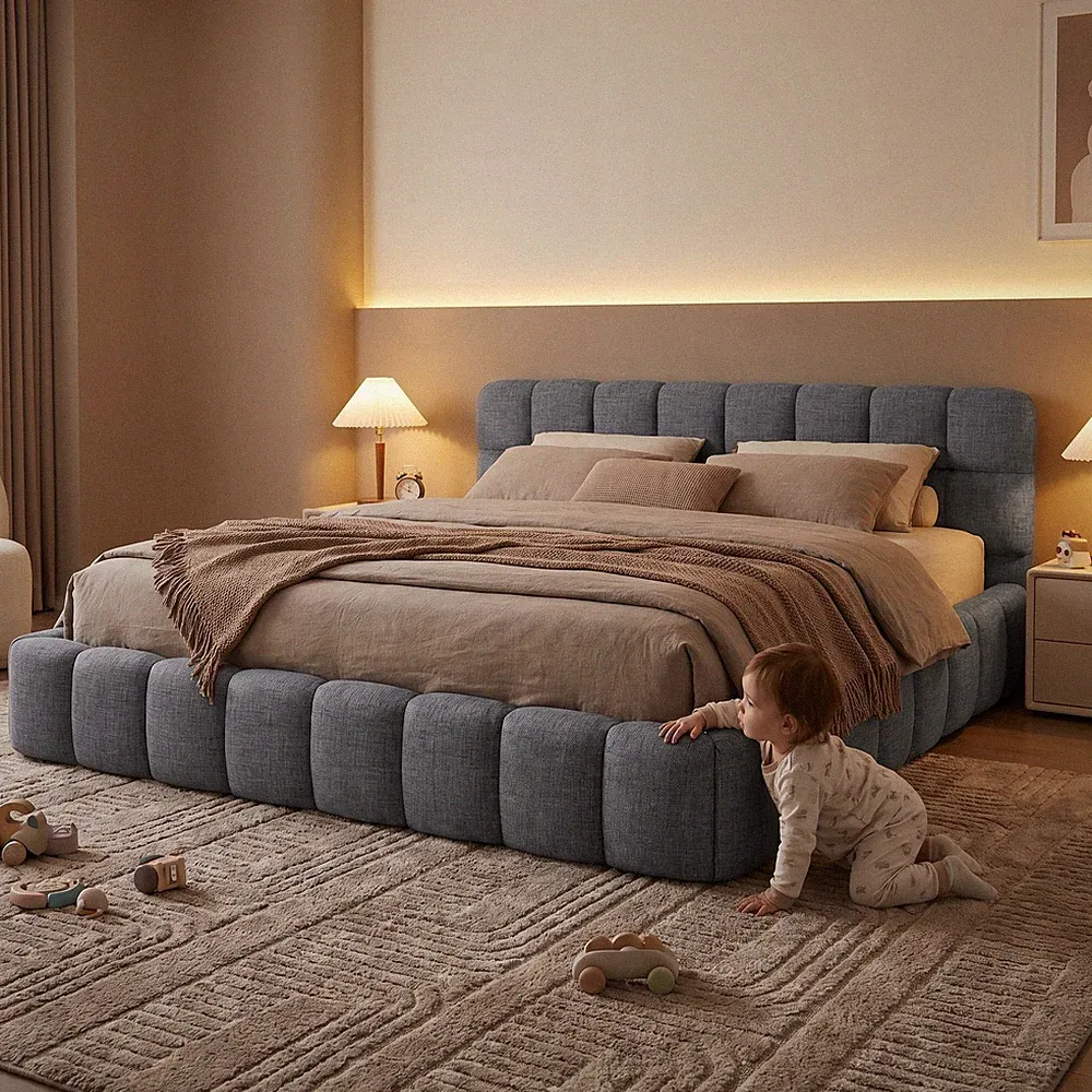 Polsterbett 140x200 cm,Doppelbett mit Lattenrost Jugendbett mit Kopfteil Leinen