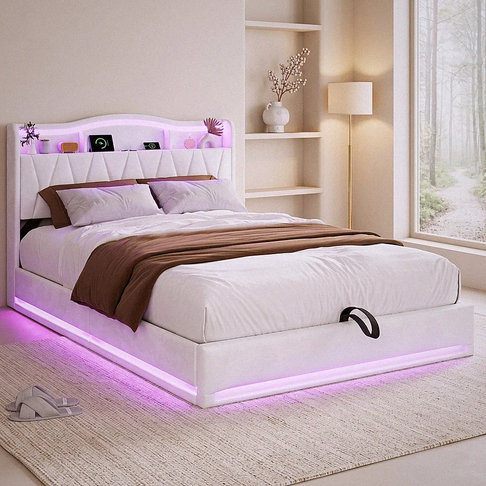 Polsterbett 140x200 cm Doppelbett mit LED Licht USB-Port Stauraumbett Bettkasten