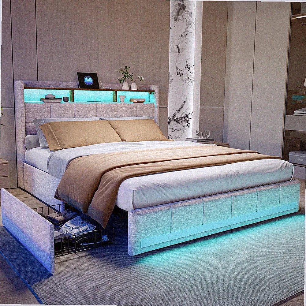 Polsterbett 140x200 cm Doppelbett mit LED&USB 4 Schubladen Stauraum Lattenrost