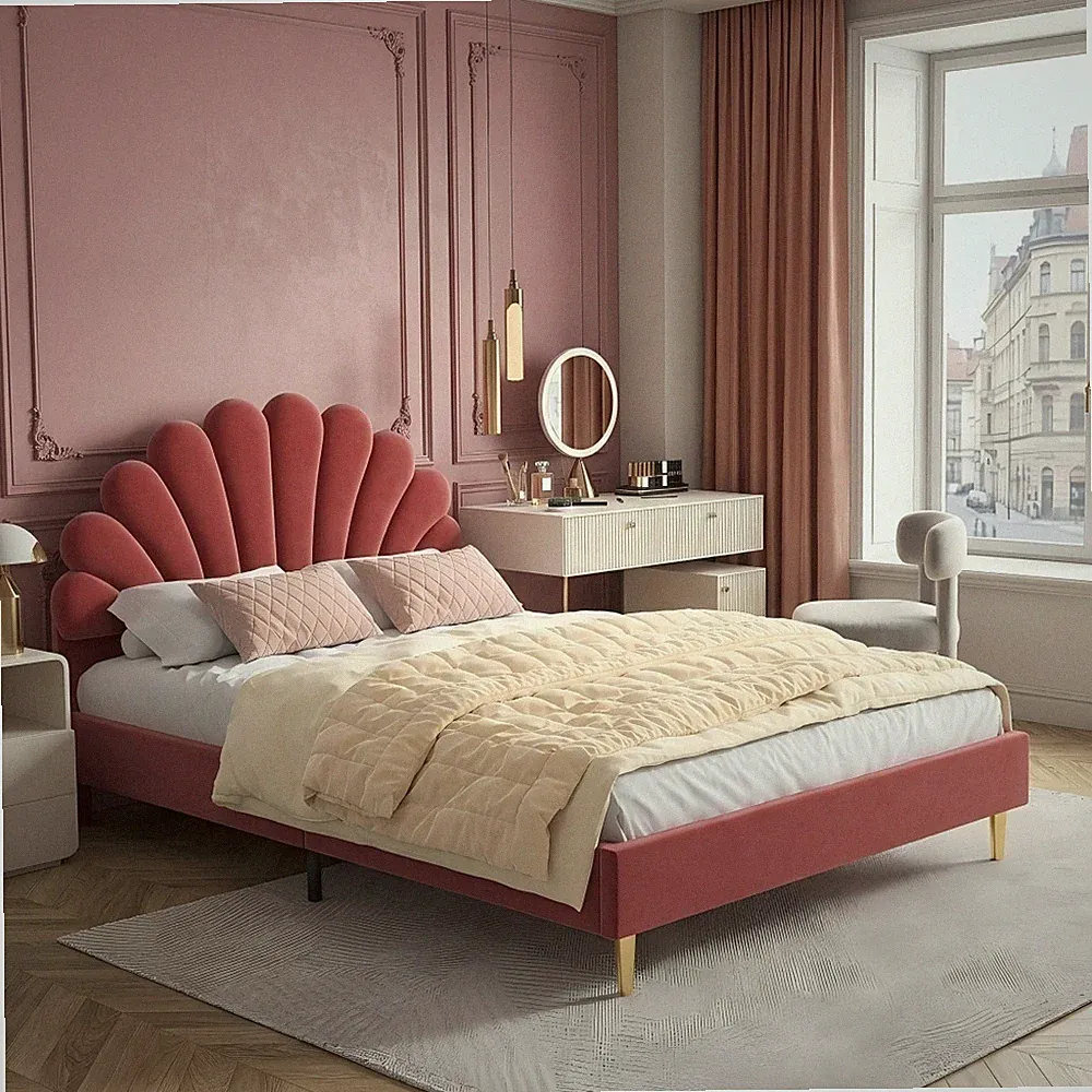 Polsterbett 140x200 cm Doppelbett mit Samt Kopfteil in Blumenform und Lattenrost
