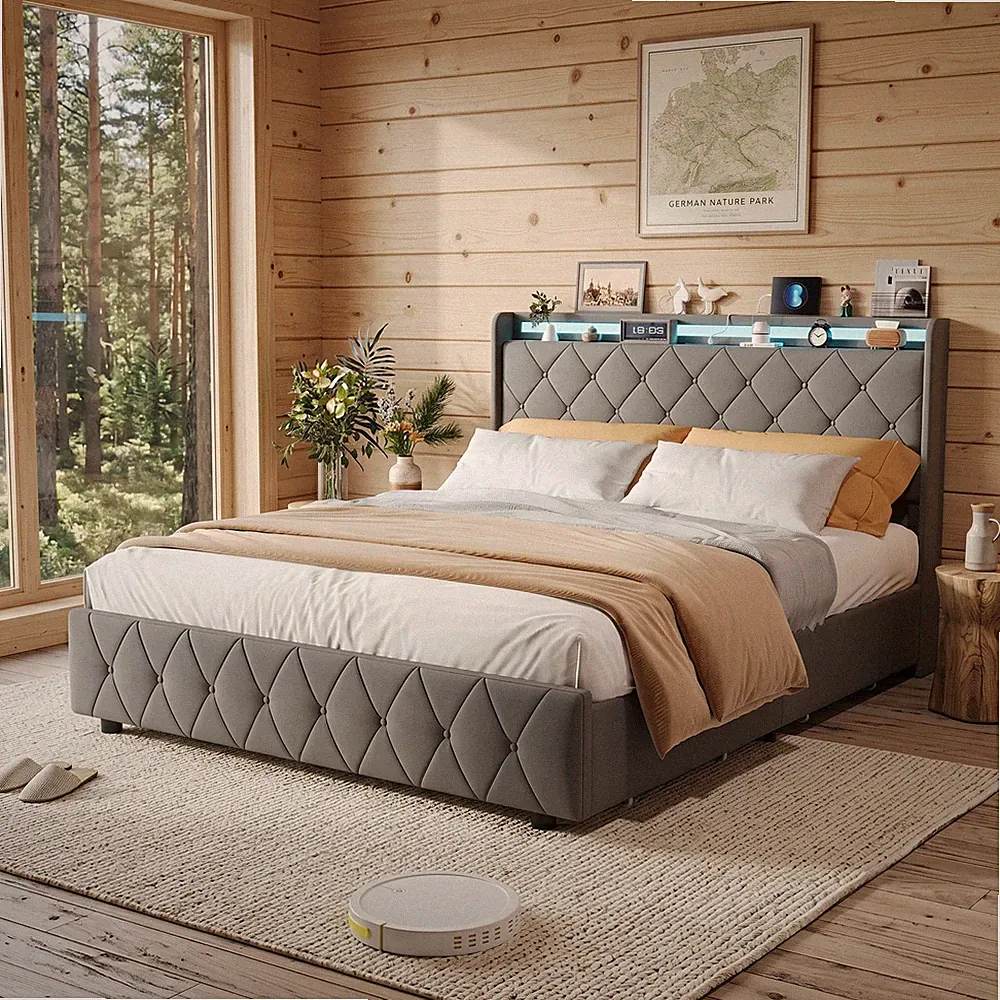 Polsterbett 140x200 cm Doppelbett Stauraumbett Bettgestell mit LED USB Grau