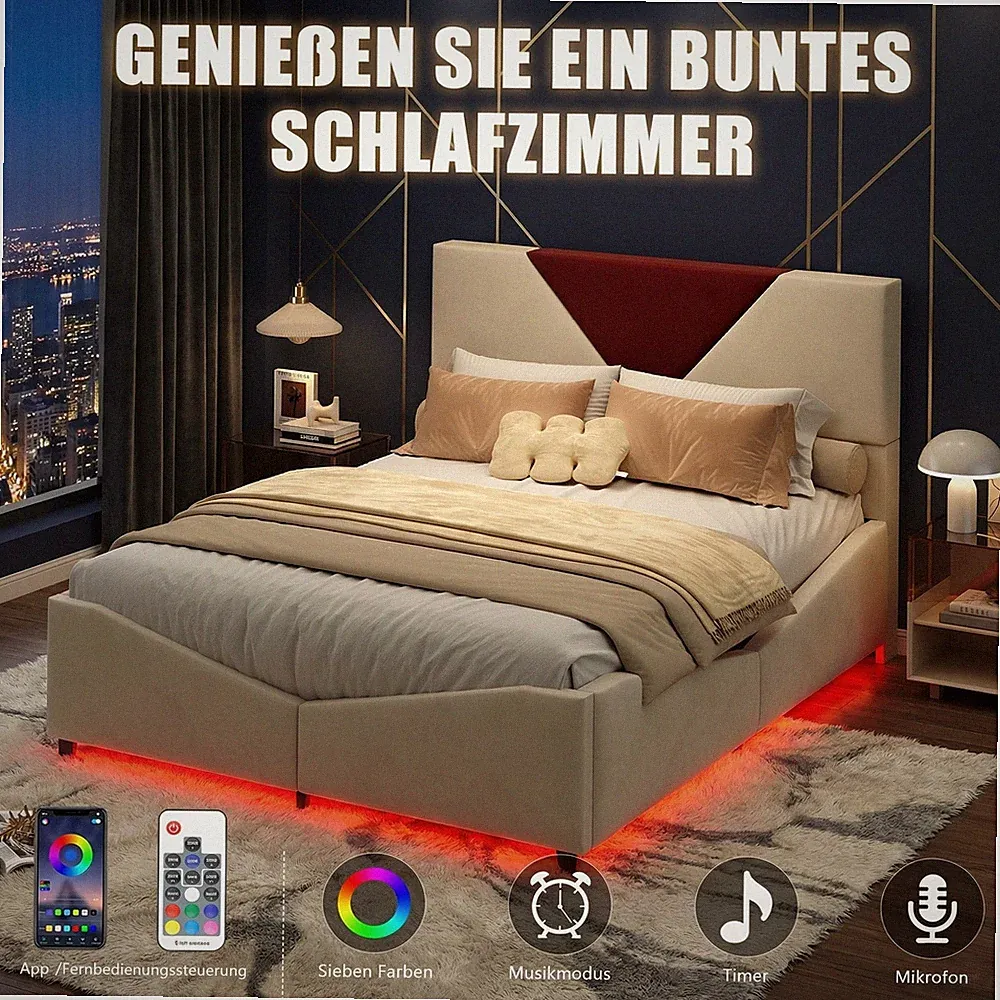 Polsterbett 140x200 cm Doppelbett Stauraumbett Bettrahmen mit Lattenrost LED DE
