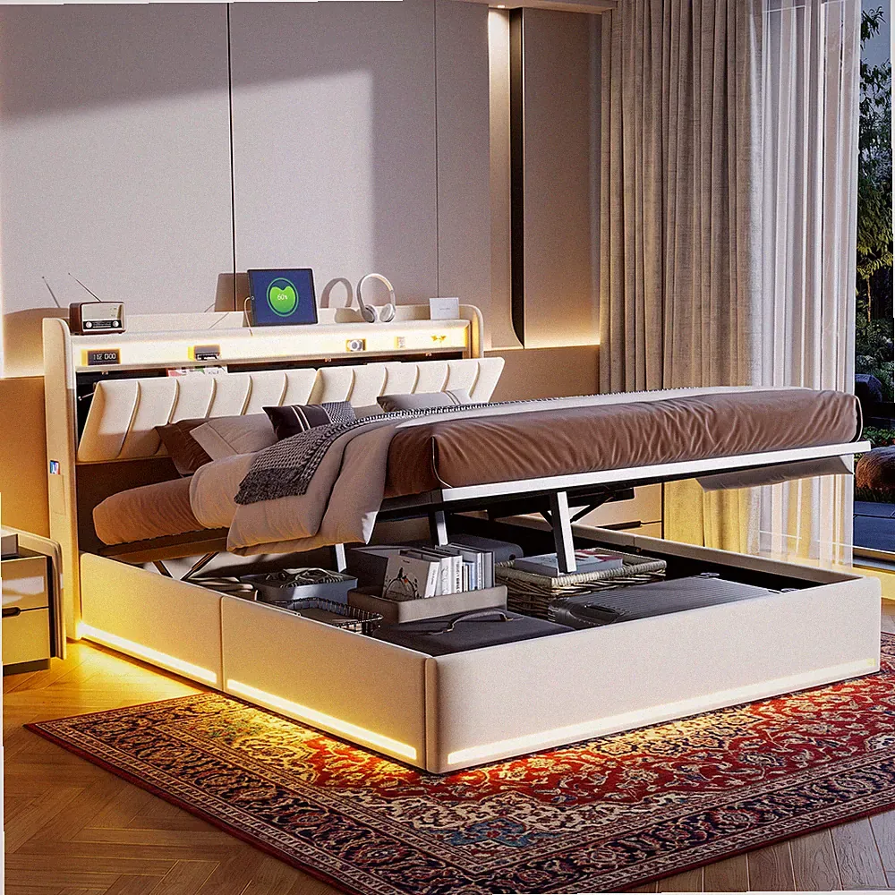 Polsterbett 140x200 cm Doppelbett Stauraumbett mit Bettkasten LED USB Lattenrost