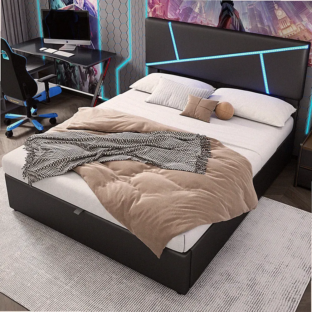Polsterbett 140x200 cm Kunstlederbett Stauraum Bett Gestell mit RGB LED Leuchten