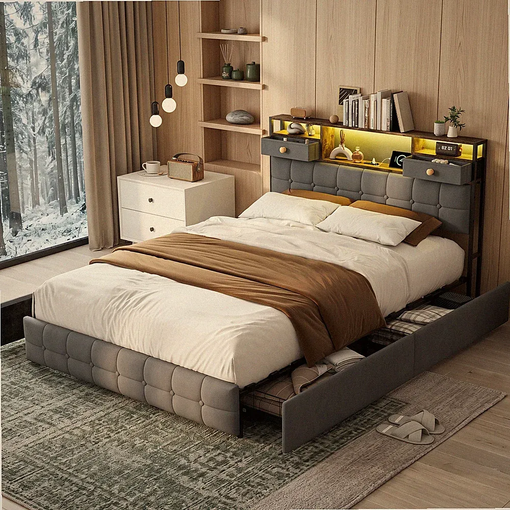 Polsterbett 140x200 cm LED Lattenrost Doppelbett mit Stauraum bett Jugendbett