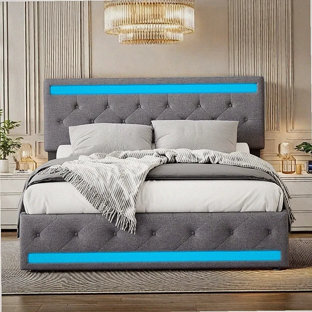 Polsterbett 140x200 cm mit 4 Schubladen mit LED+USB Doppelbett Stauraumbetten