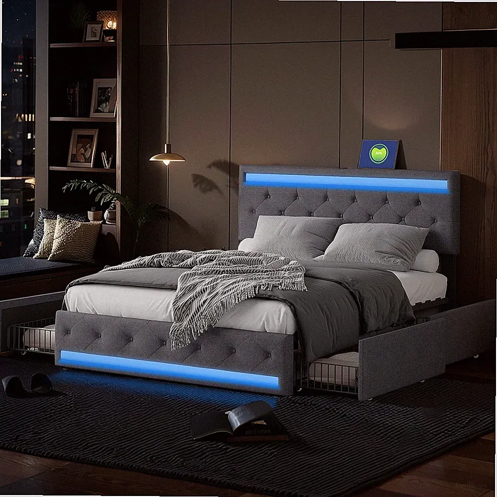 Polsterbett 140x200 cm mit 4 Schubladen mit LED+USB Doppelbett, Stauraumbetten