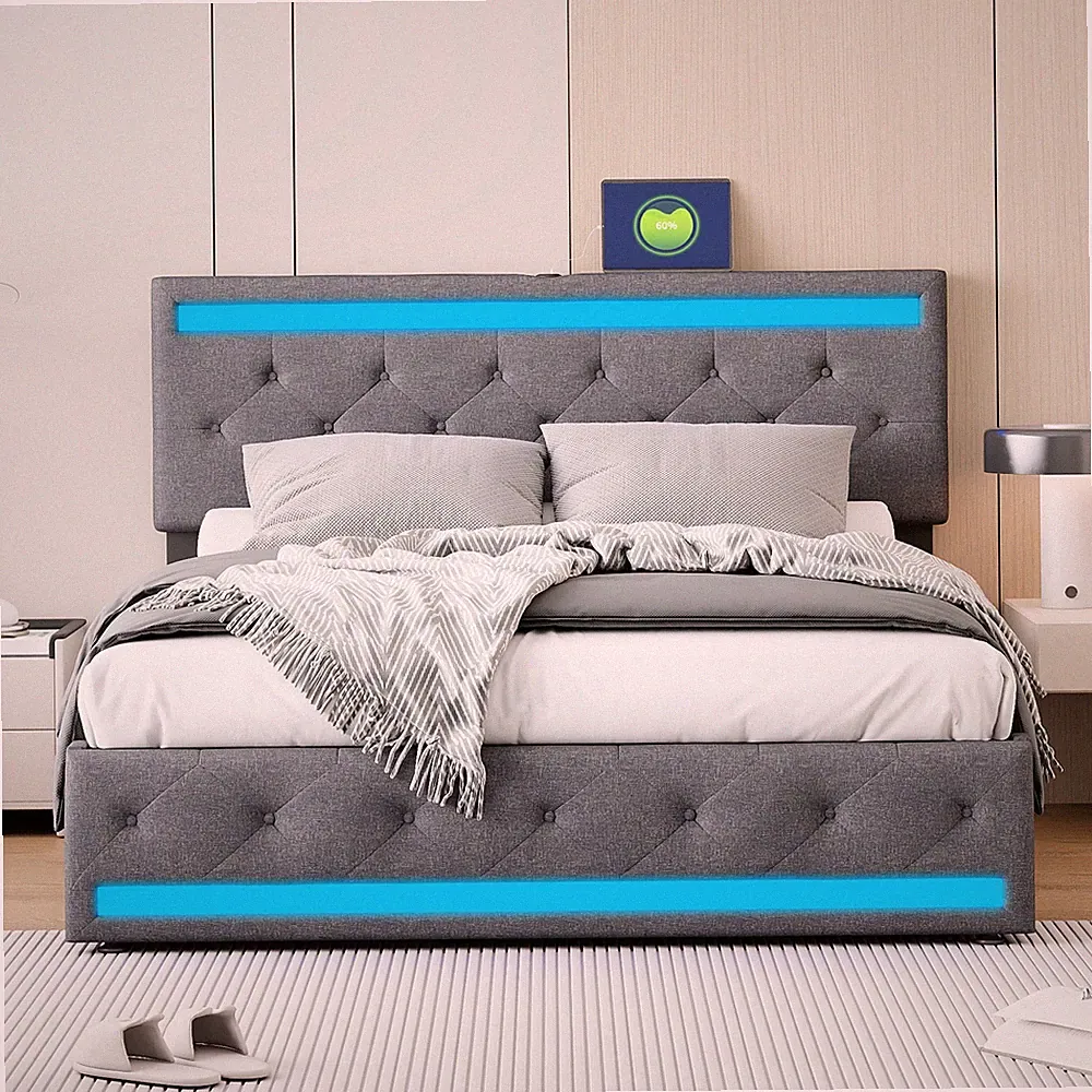 Polsterbett 140x200 cm mit 4 Schubladen Stauraumbetten mit LED&USB Doppelbett