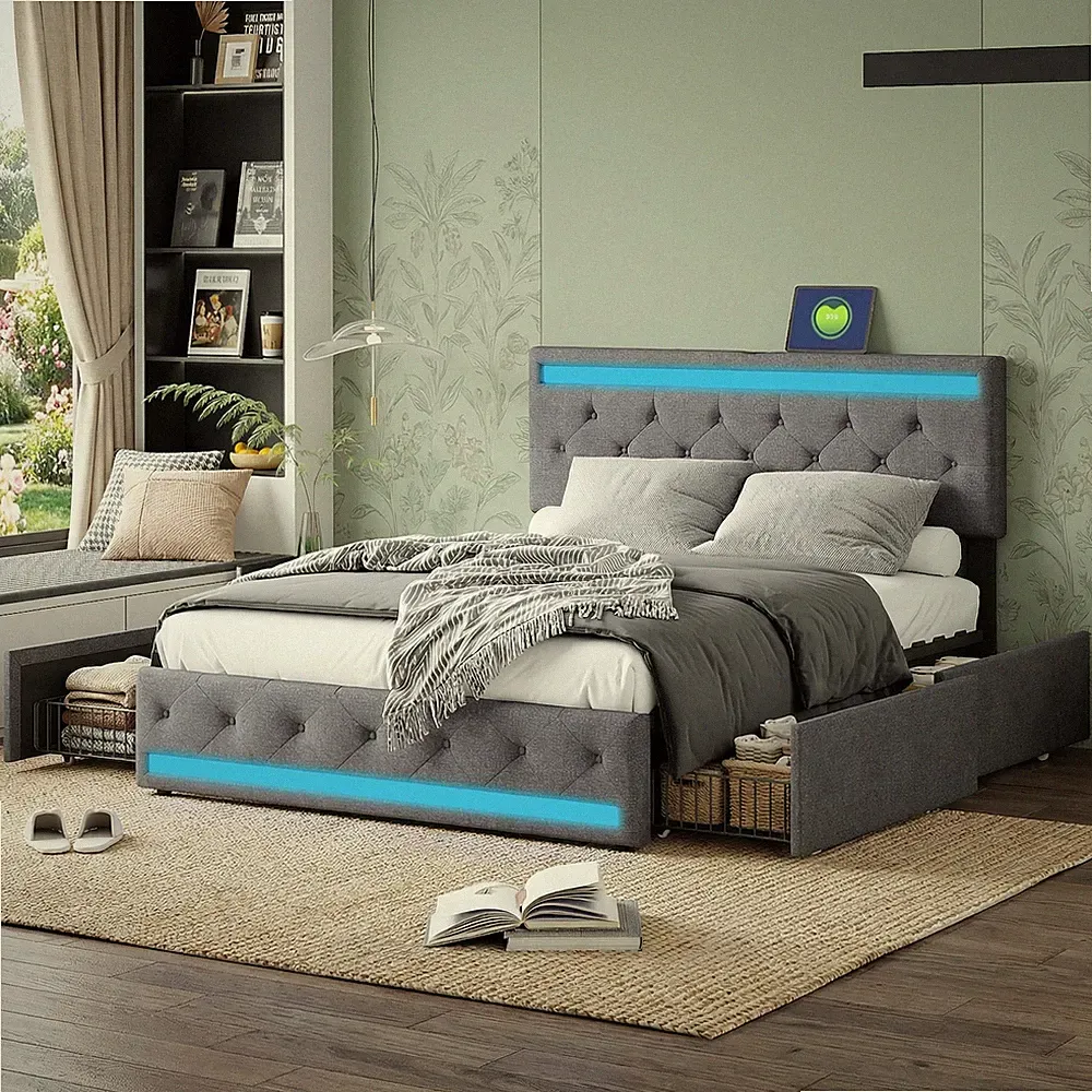 Polsterbett 140x200 cm mit 4 Schubladen Stauraumbetten mit LED&USB Doppelbett DE
