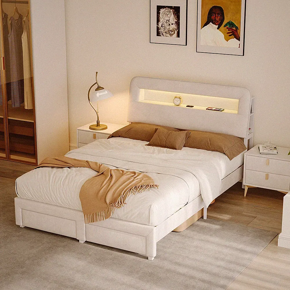 Polsterbett 140x200 cm mit LED, Doppelbett Bettrahmen mit USB Ladestation