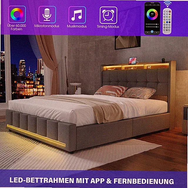 Polsterbett 140x200 cm mit LED Kopfteil Bettrahmen Doppelbett mit USB Lattenrost