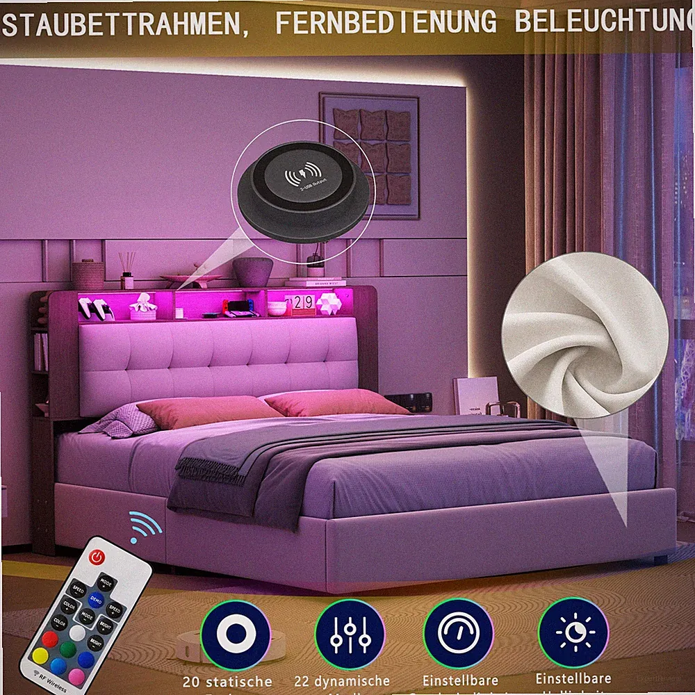 Polsterbett 140x200 cm Mit LED Lattenrost Stauraum Boxspringbett Doppelbett Samt