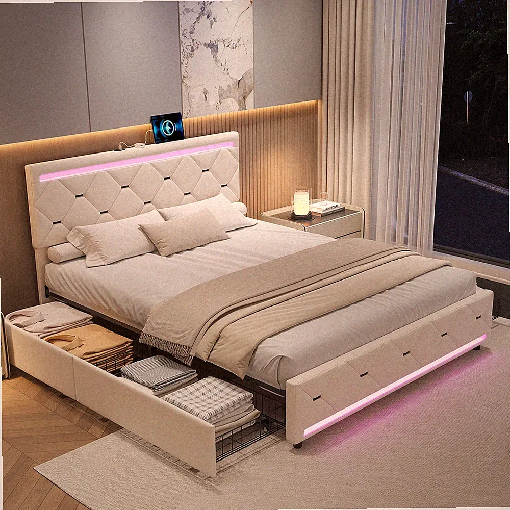 Polsterbett 140x200 cm mit LED USB Doppelbett 160x200 cm mit Lattenrost Stauraum