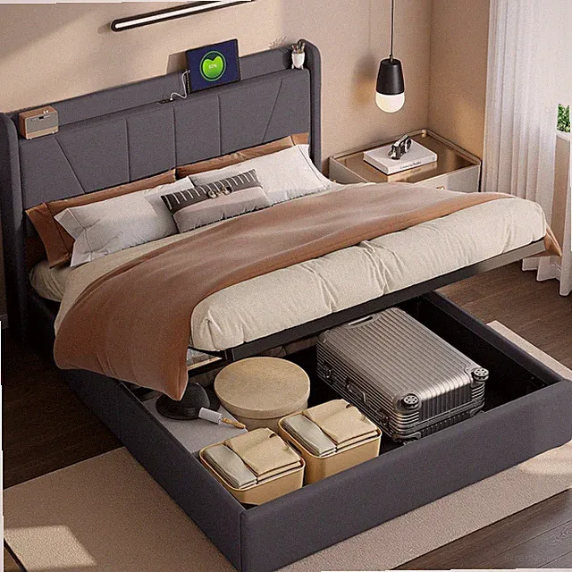 Polsterbett 140x200 cm Stauraumbett Doppelbett Bettgestell Lattenrost mit USB DE