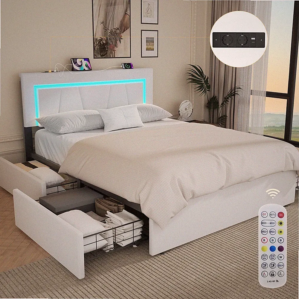 Polsterbett 140x200 Doppelbett 4 Schublade Höhenverstellbar Kopfteil mit LED/USB