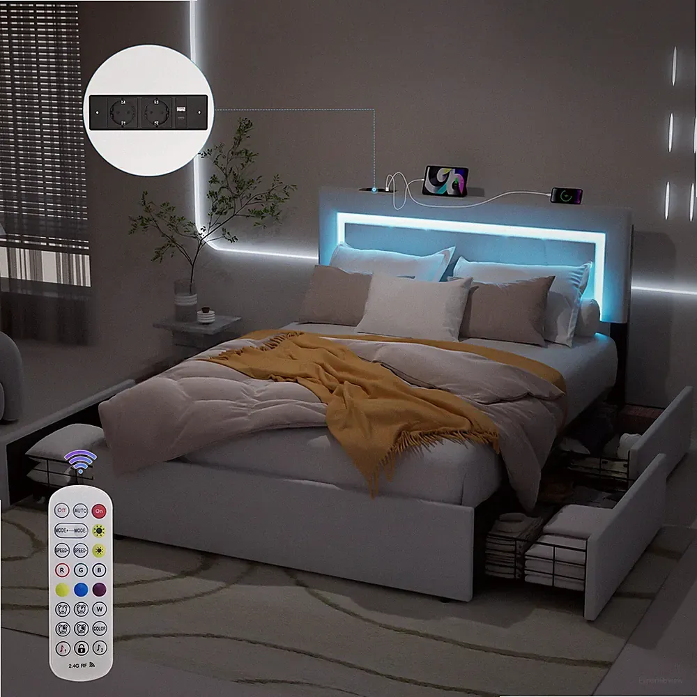 Polsterbett 140x200 Doppelbett 4 Schublade Höhenverstellbar Kopfteil mit LED/USB