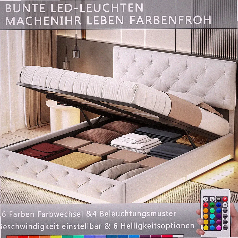 Polsterbett 140x200 Doppelbett Bettkasten Stauraumbett mit LED und Lattenrost .