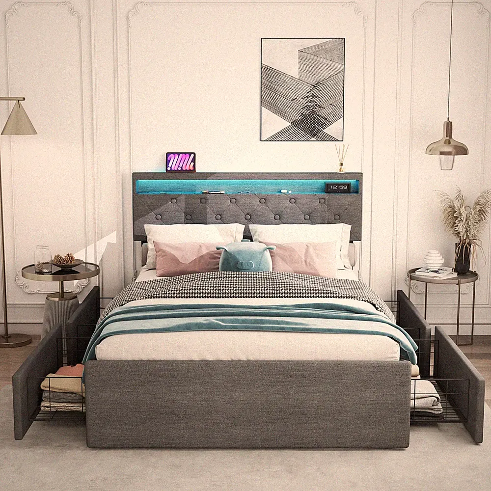 Polsterbett 140x200 Doppelbett Bettrahmen mit LED-Kopfteil und USB Ladefunktion