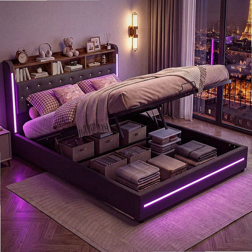 Polsterbett 140x200 Doppelbett Boxspringbett mit Stauraum und LED-Licht Kopfteil