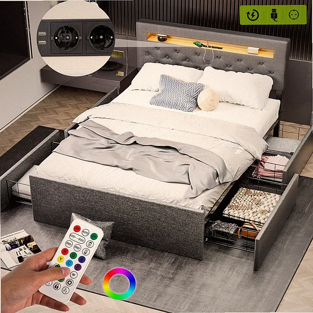 Polsterbett 140x200 Doppelbett mit LED-Kopfteil und USB Ladefunktion, Dhnkyomopv