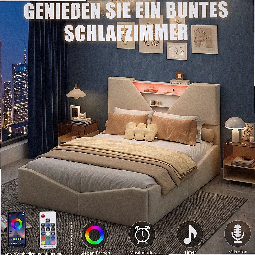 Polsterbett 140x200 Doppelbett Stauraumbett Bettrahmen mit Lattenrost und LED