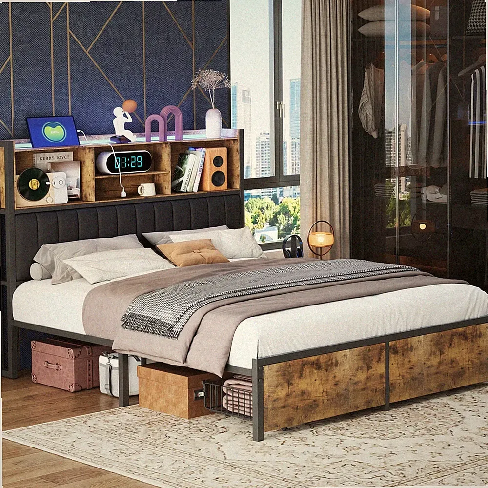 Polsterbett 140x200 Doppelbett Stauraumbett Lattenrost mit Bettgestell USB/LED.