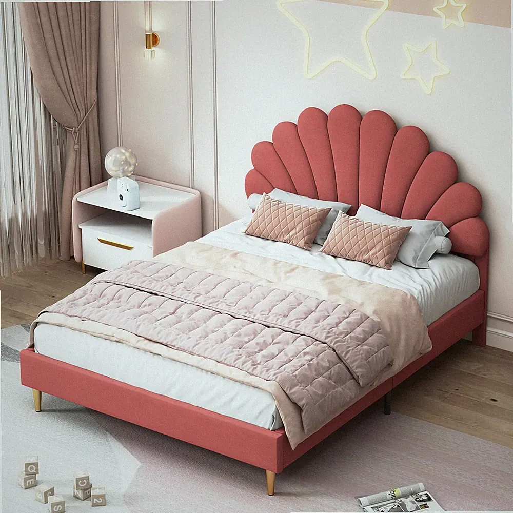 Polsterbett 140x200, Jugendbett,Bettgestell mit-Kopfteil in Blumenform,Weinrot