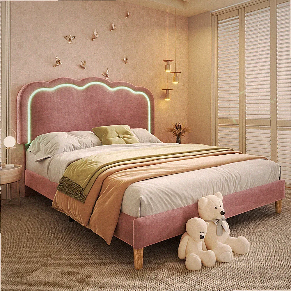 Polsterbett 140x200 Kinder Jugendbett Bettrahmen Bettgestell mit LED Licht Rosa