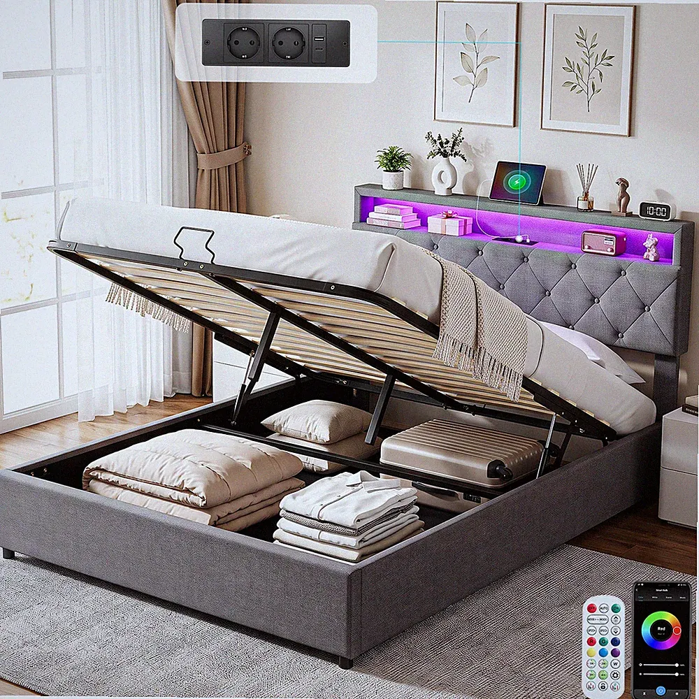 Polsterbett 140x200 mit Bettkasten LED Boxspringbett Doppelbett mit Ladefunktion