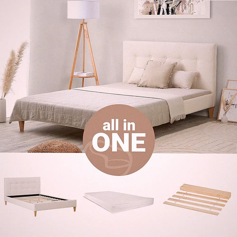 Polsterbett 140x200 mit Matratze Doppelbett Bouclé Beige Bettgestell Homestyle4u